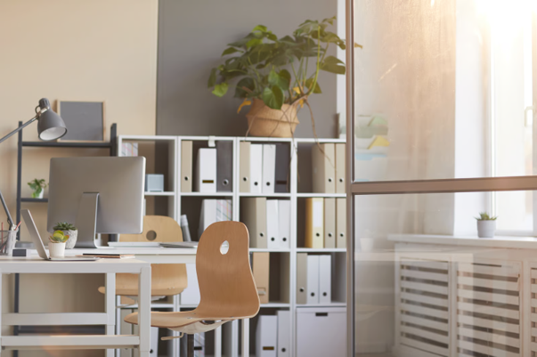 Modern small business office with computers, desks and organised workspace requiring reliable internet connectivity.