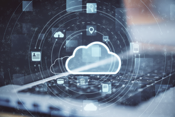 Digital cloud computing concept showing a cloud network connected to business technology and online services.